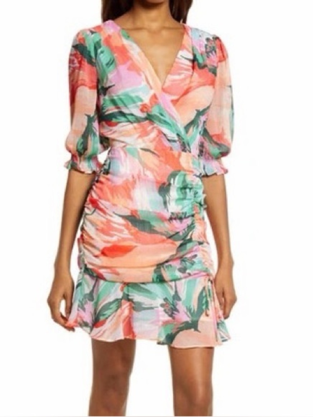 Adelyn Rae Aqua Coral Green Multi-Print Ruched Dress